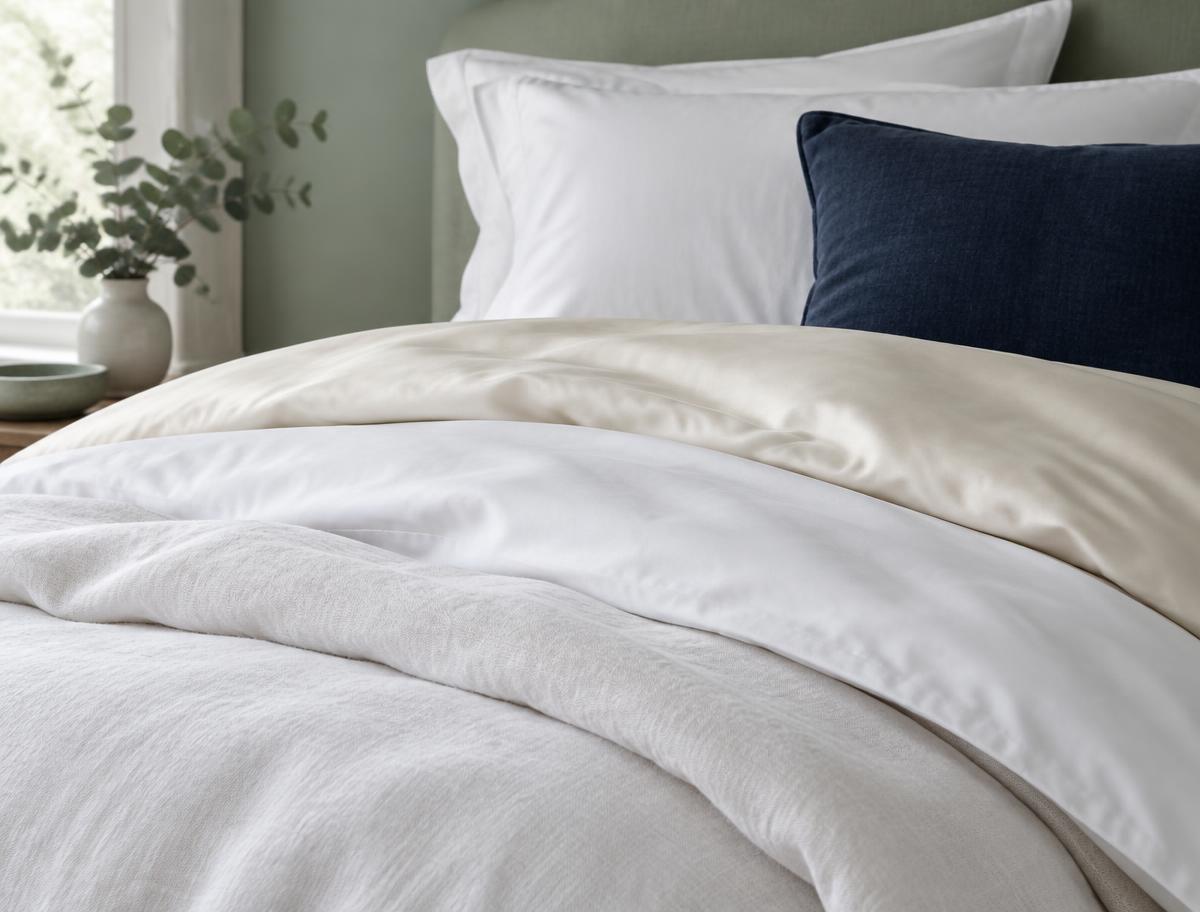 Illustrative image: white linen and cotton bedding layered on a bed with an ivory cover