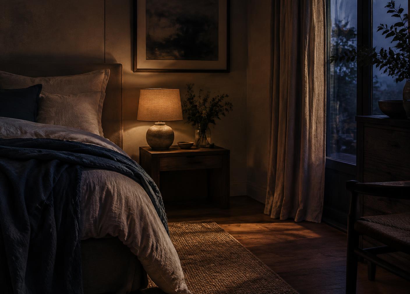 A quiet bedroom corner lit by a single warm lamp at dusk