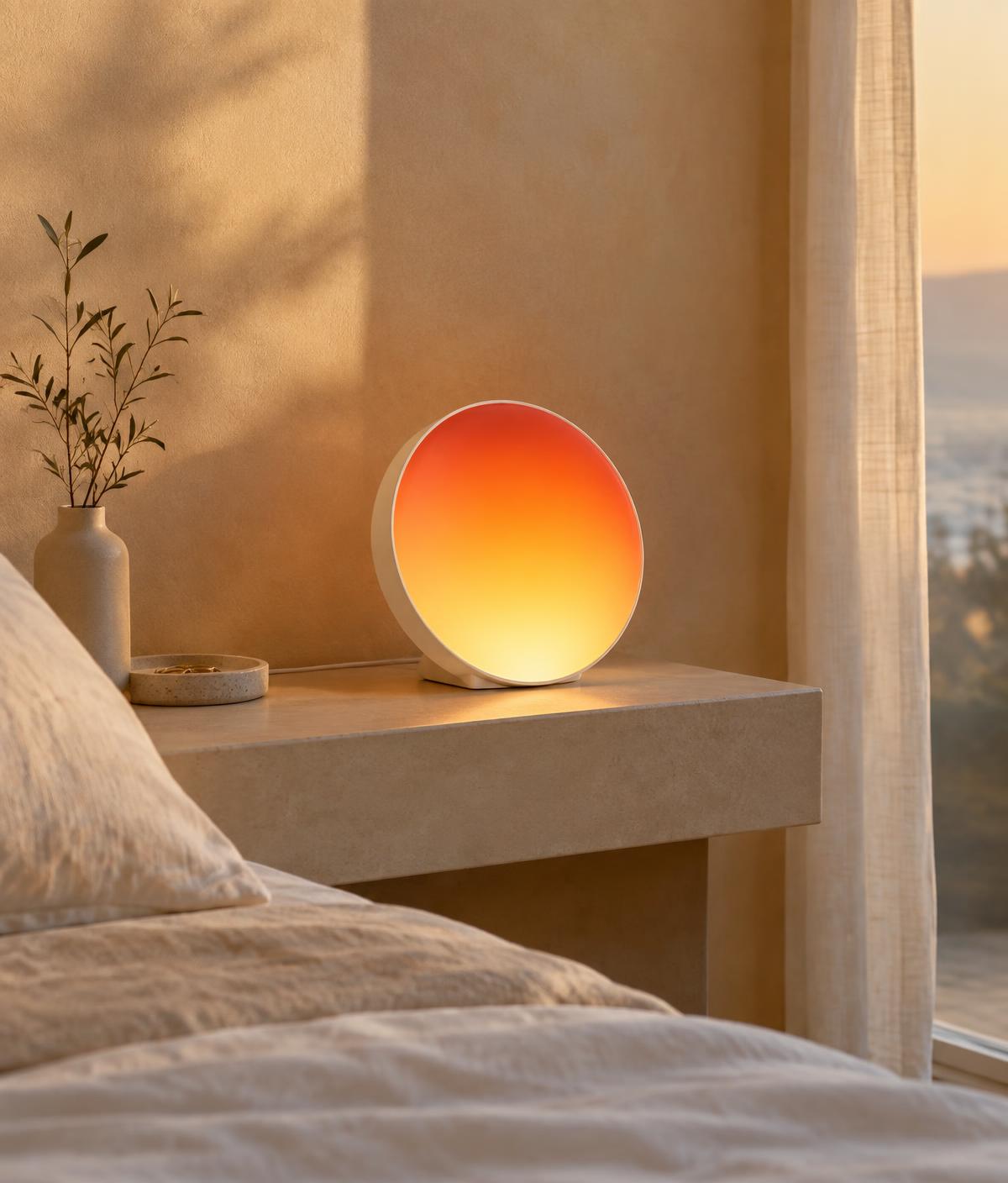Illustrative image: a circular wake-up light glowing red to yellow on a stone shelf
