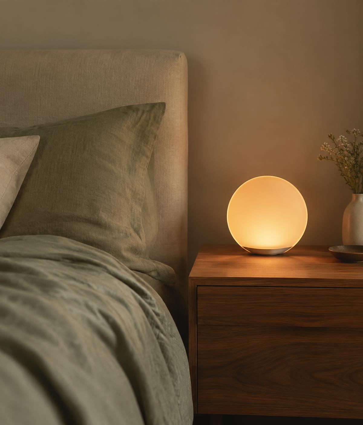 Illustrative image: a round sunrise lamp glowing amber on a walnut bedside table