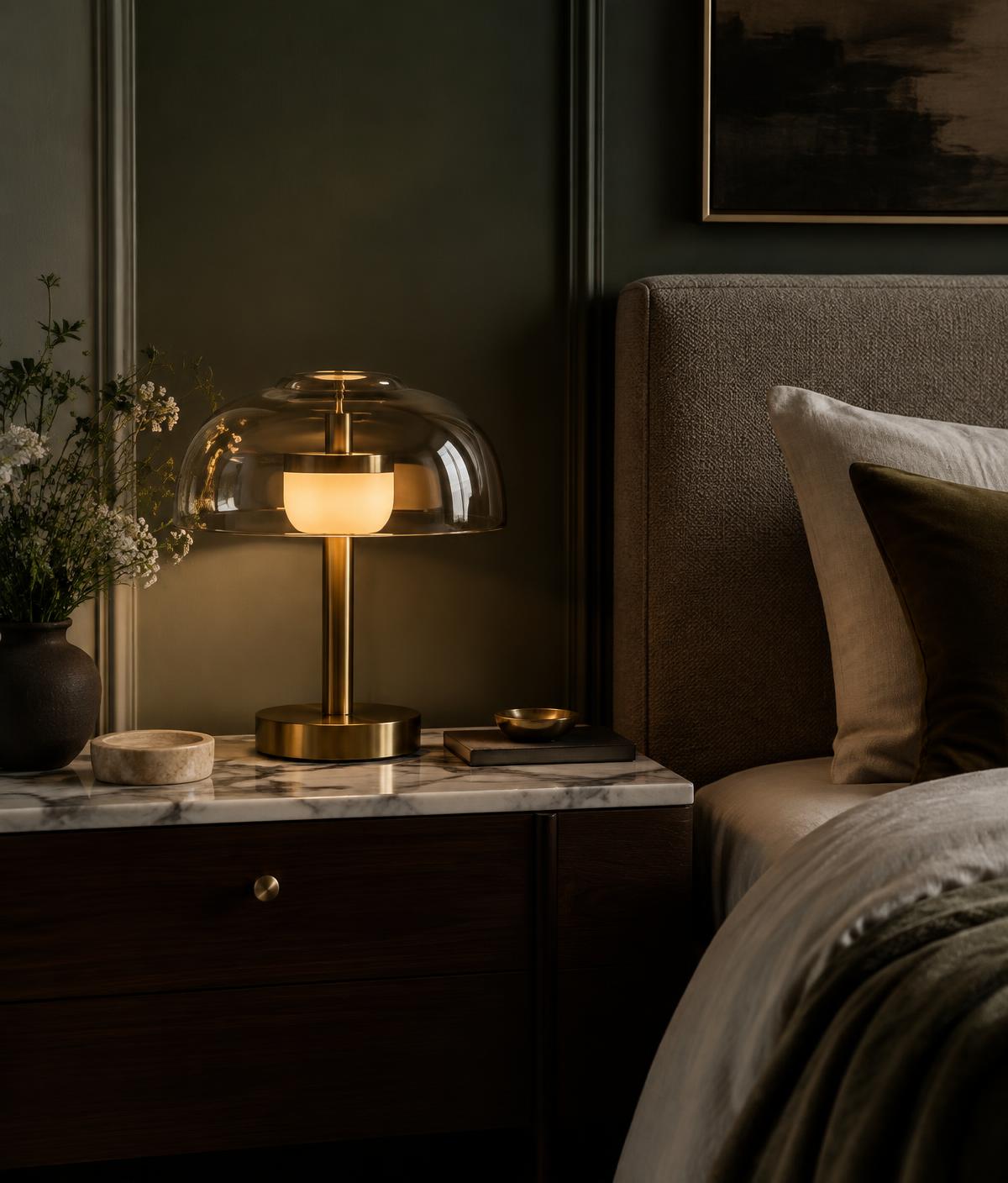 A brass and glass bedside lamp on a marble nightstand in a dark sage bedroom