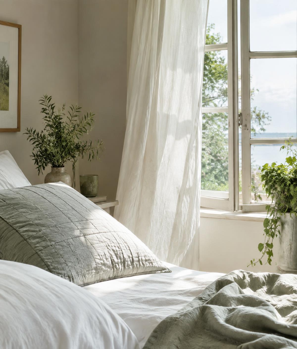 Illustrative image: a quilted pale pillow in an airy bedroom beside an open window