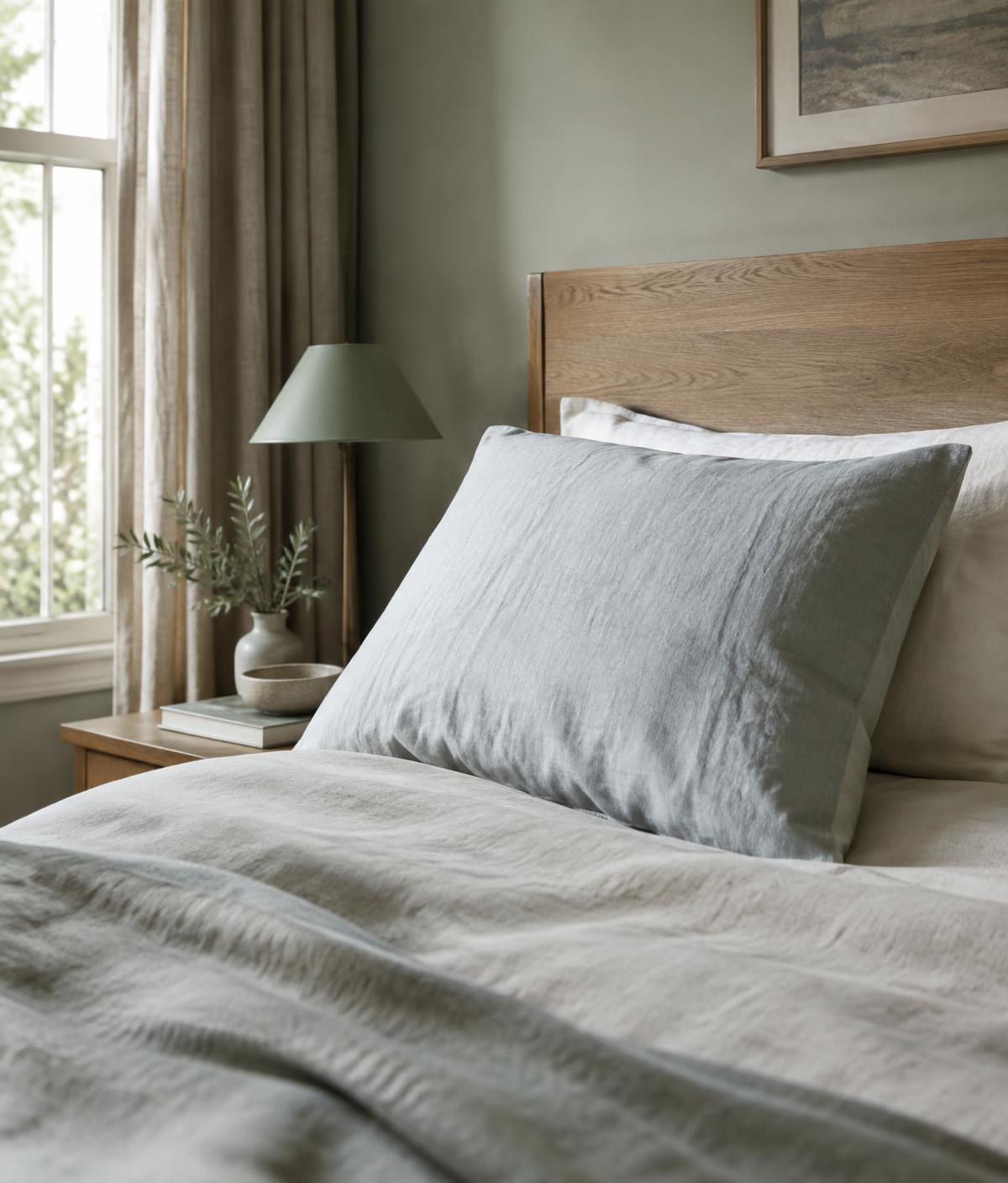 Illustrative image: a soft grey pillow on linen bedding in a calm oak-furnished bedroom