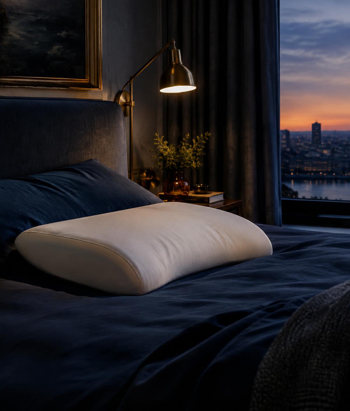 Illustrative image: a contoured pillow on midnight-blue bedding lit by a brass lamp