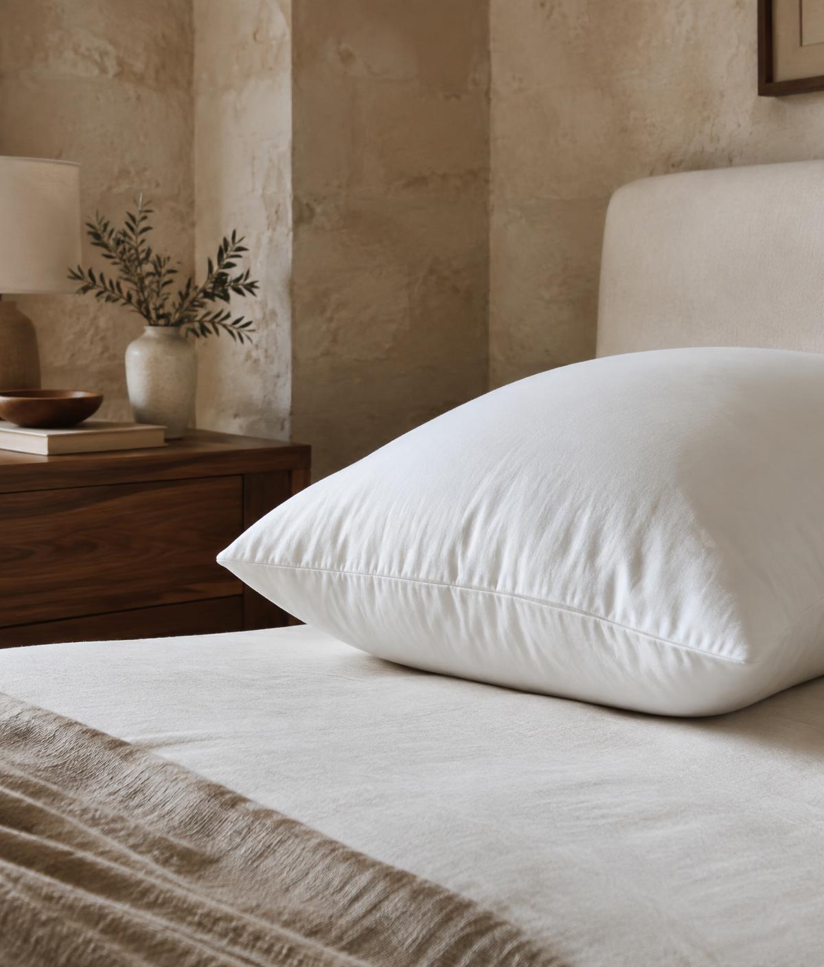 Illustrative image: a deep white cotton pillow on an ivory bed beside a walnut bedside table