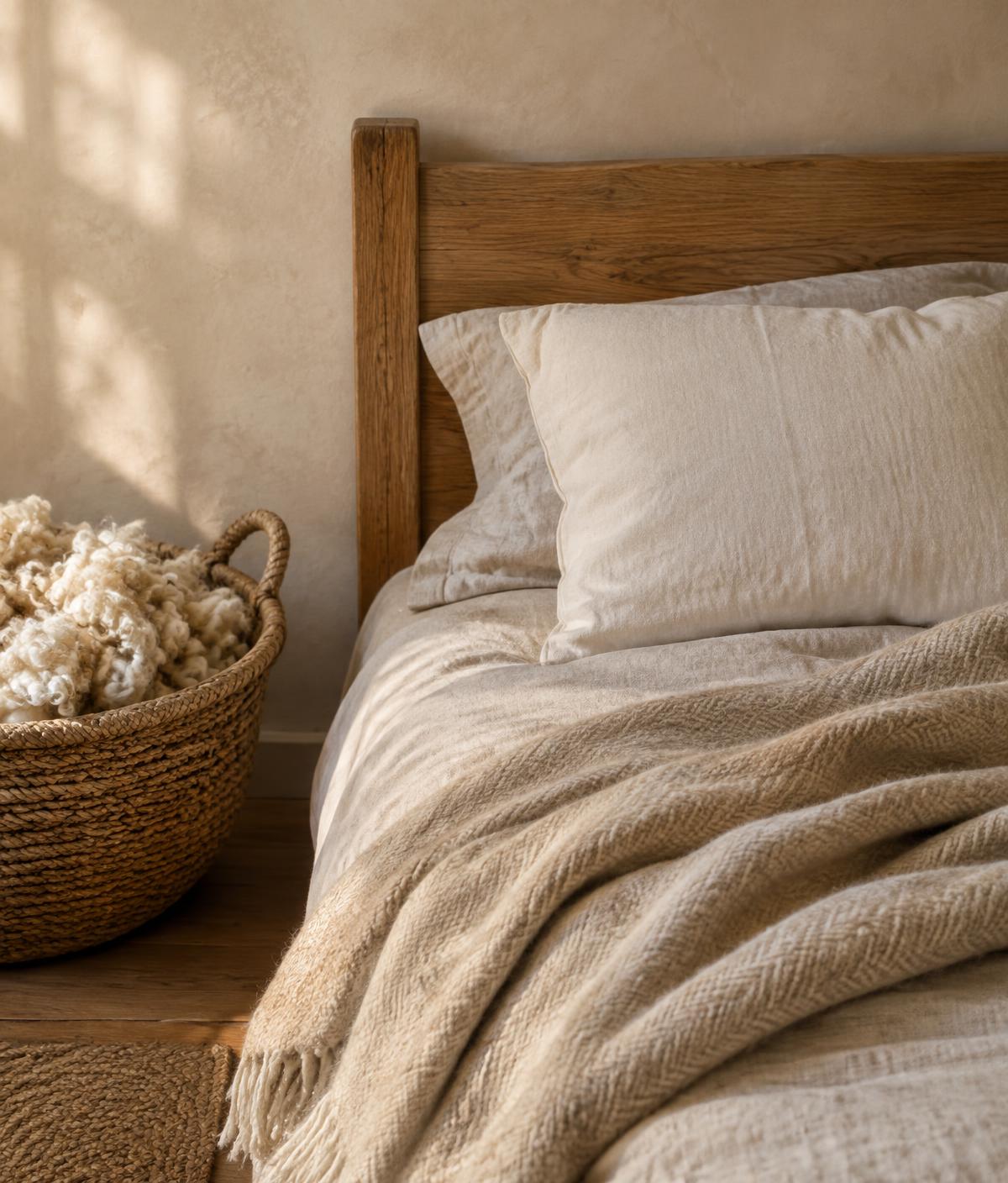 Illustrative image: a natural pillow on oatmeal linen beside a basket of raw wool